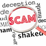 Magnifying glass centering around scam, surround words include fraud, sham, hustle, etc.